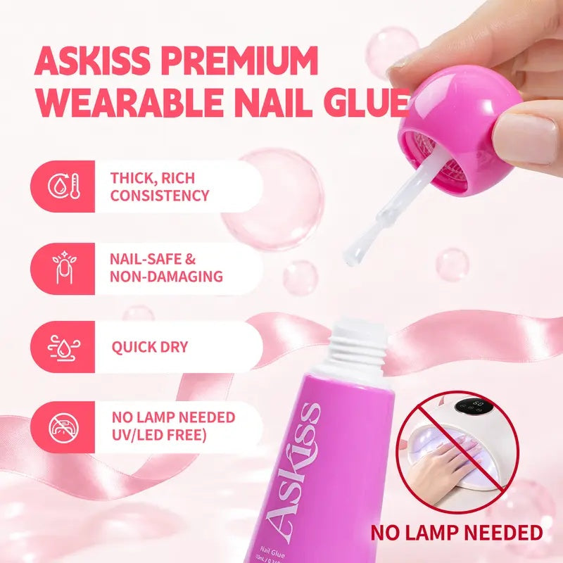 ASKISS Brush-on Nail Glue Manicure Set with Nail Polish - No UV LED, Ultra Strong Hold, Easy Removal, Waterproof Press-on Glue for Beginners 10ml Salon-Quality DIY Supplies