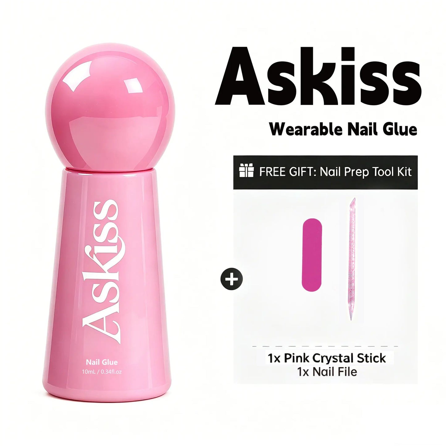 ASKISS Brush-on Nail Glue Manicure Set with Nail Polish - No UV LED, Ultra Strong Hold, Easy Removal, Waterproof Press-on Glue for Beginners 10ml Salon-Quality DIY Supplies