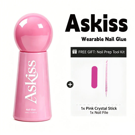 ASKISS Brush-on Nail Glue Manicure Set with Nail Polish - No UV LED, Ultra Strong Hold, Easy Removal, Waterproof Press-on Glue for Beginners 10ml Salon-Quality DIY Supplies